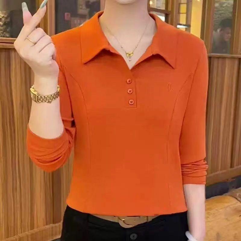 Spring and Autumn Fashionable Western-style T-shirt for Women, Simple Solid Color Lapel, Long Sleeved Embroidery for Slimming, POLO Collar Base