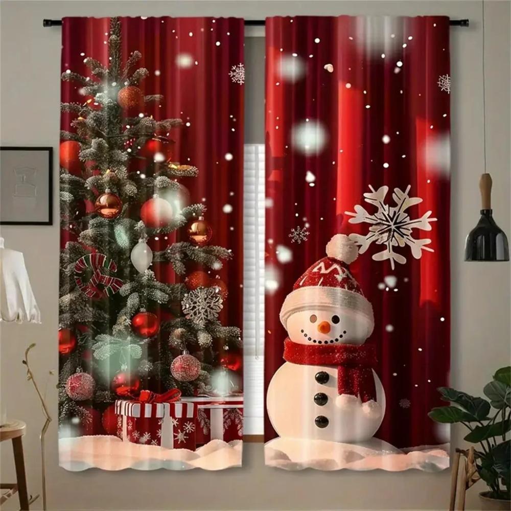 2pcs Set Gold Small Bell Christmas Curtains-Digital Print,Rod Pocket Design,Polyester - Perfect For Living Room,Kitchen,Bedroom