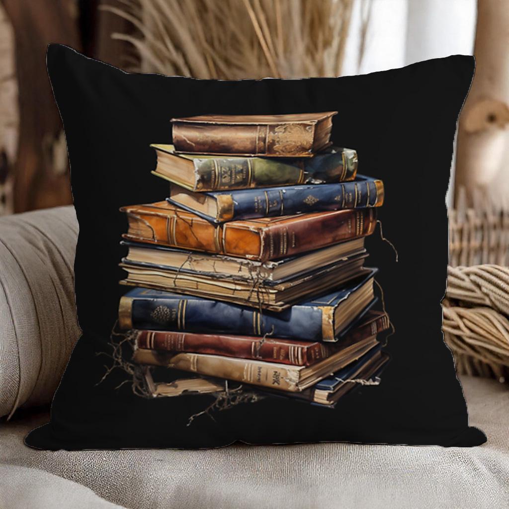 Vintage Book Stack Pillow Cover 2D Printed Polyester Sofa Cushion Case – Retro Library Decor For Reading Lovers 40X40Cm