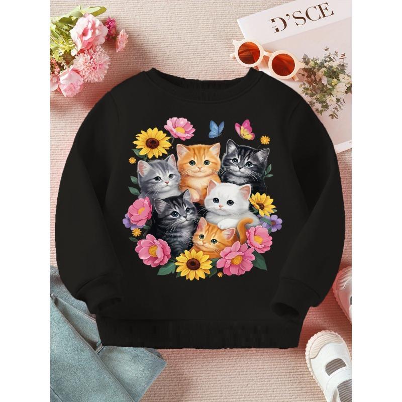 Kids Crewneck Sweatshirt, Cute Cartoon Kitten Print Casual Long Sleeve Top for Spring Autumn 110