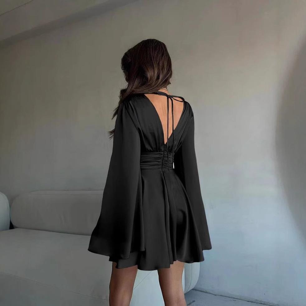 Popular Women's Long Sleeve V-Neck Backless Mid-Length Dress - Fashionable European & American Style