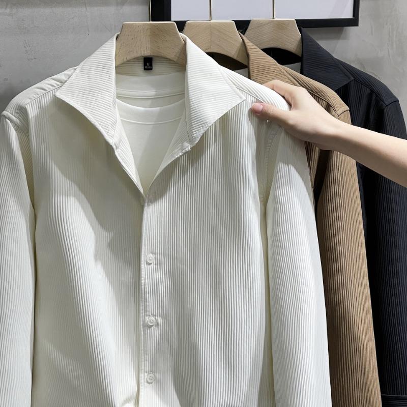 Men's Khaki Vertical Striped Long Sleeve Shirt Casual Oversized Streetwear Top