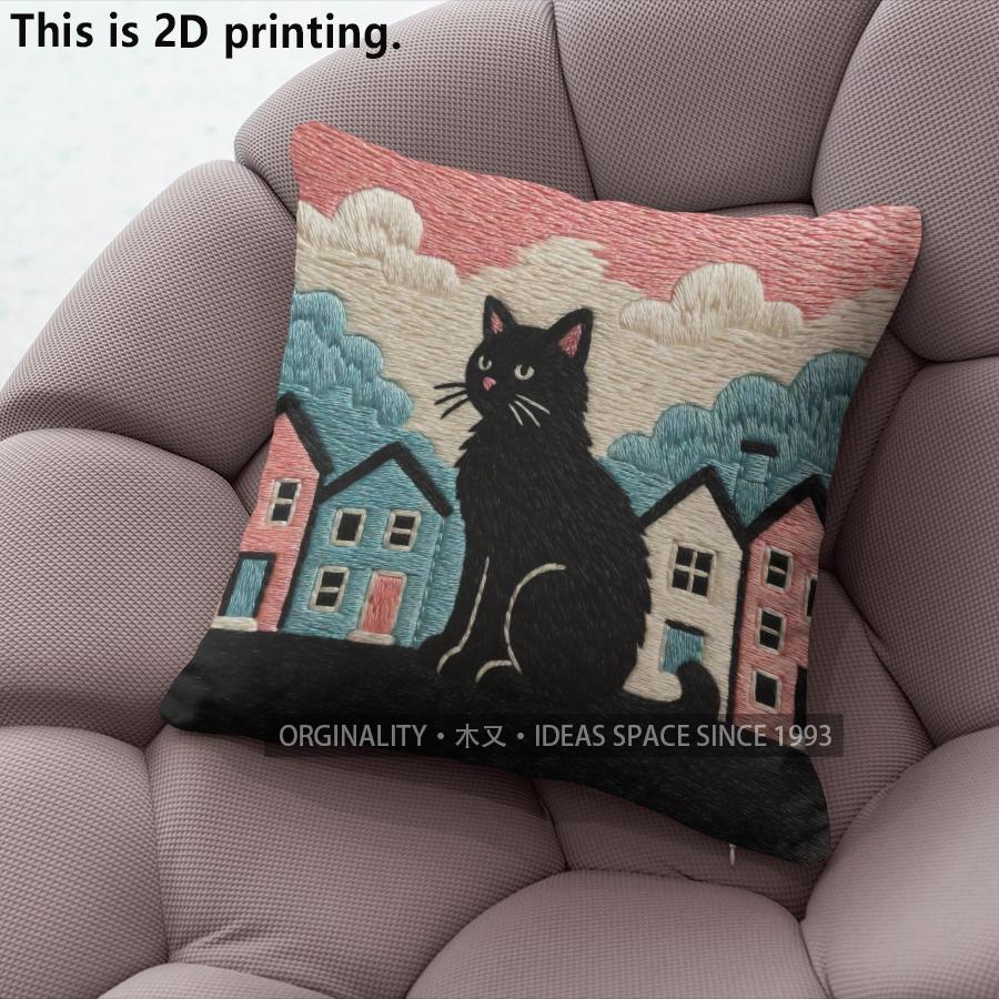 Black Cat Town Scene Throw Pillow Covers Pattern Cushion Cover Suitable For Sofa Bedroom Car Pillow Cover