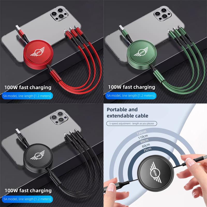3 In 1 Retractable Data Cable Car Interior Phone Charging Wire Accessories For BMW Mini Works Cooper F54 F55 F56 F57 F60 R50 R52