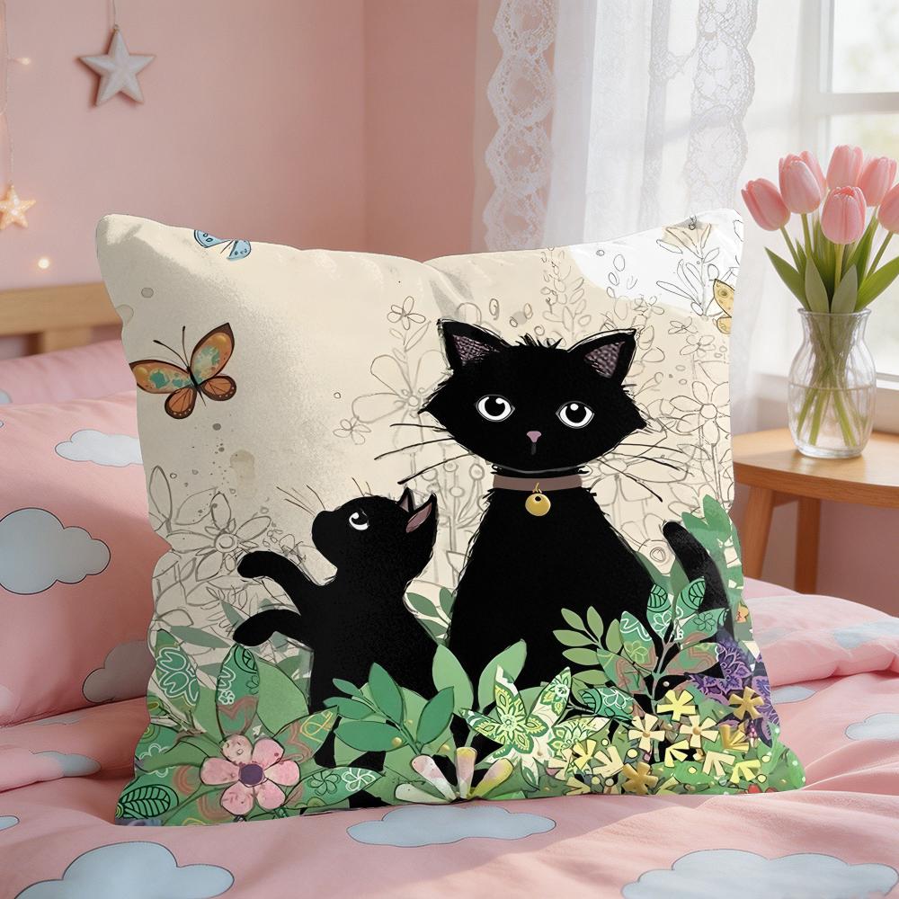 Cartoon Little Black Cat Cushion Cover Square Short Plush Pillow Case Living Room Sofa Home Decor Funda X