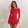 European & American Women's Autumn/Winter Solid Color Cutout Bowknot Slim Fit Long Sleeve Dress