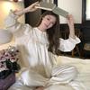 2025 Women's Ice Silk Fairy Pajamas - Round Neck, Lace Long Sleeve & Pants, Sweet Casual Homewear