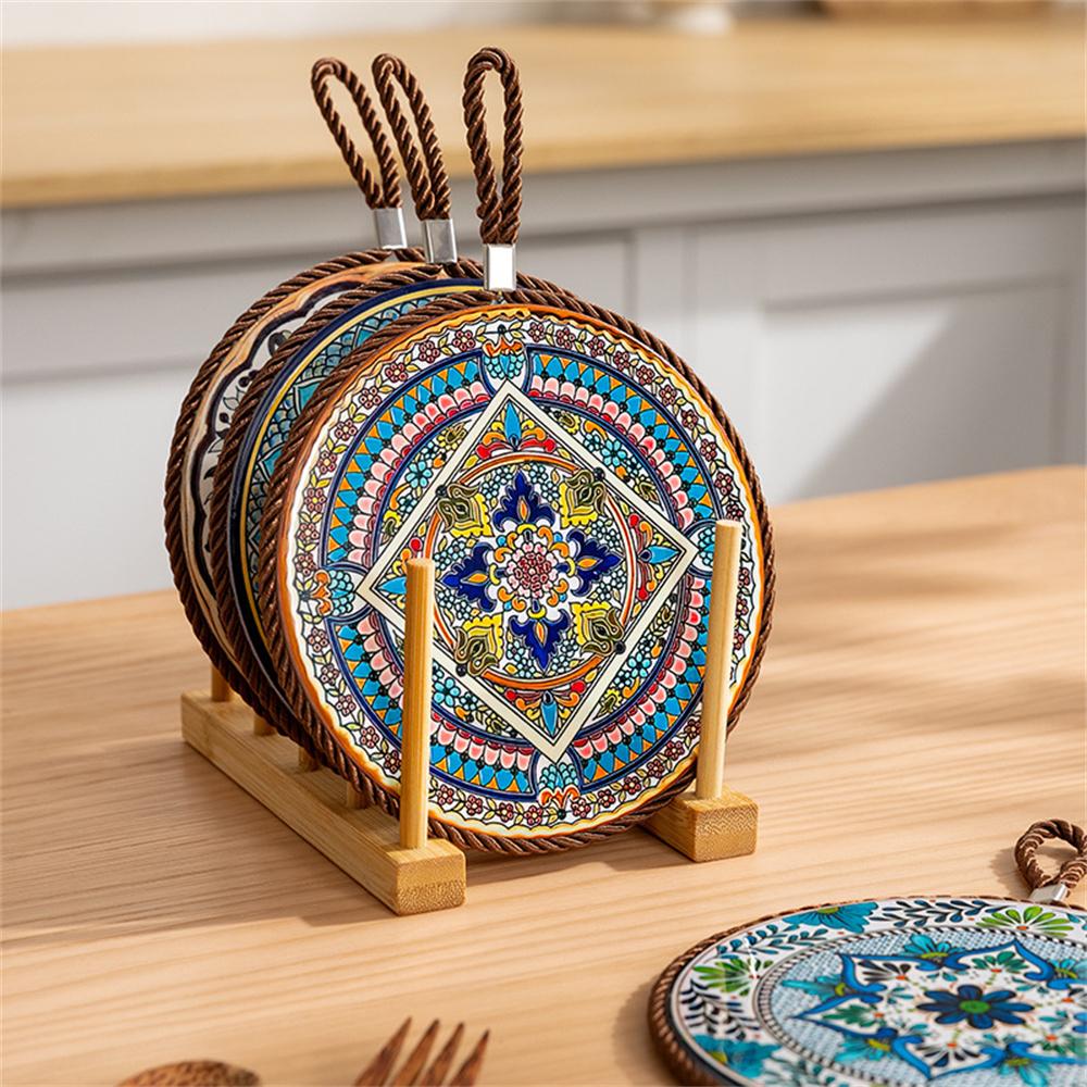 1pcs Ceramic Insulation Pad Ceramic Surface and Cork Bottom Construction with Hanging Rope Suitable for Serving Plates Cups Pans