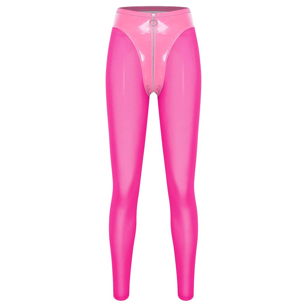 S-3XL Damen durchsichtige Netz- und PU-Leder-Leggings mit hohem Bund Reißverschluss im Schritt Strumpfhosen für stilvolle Rave-Nachtclub-Partys