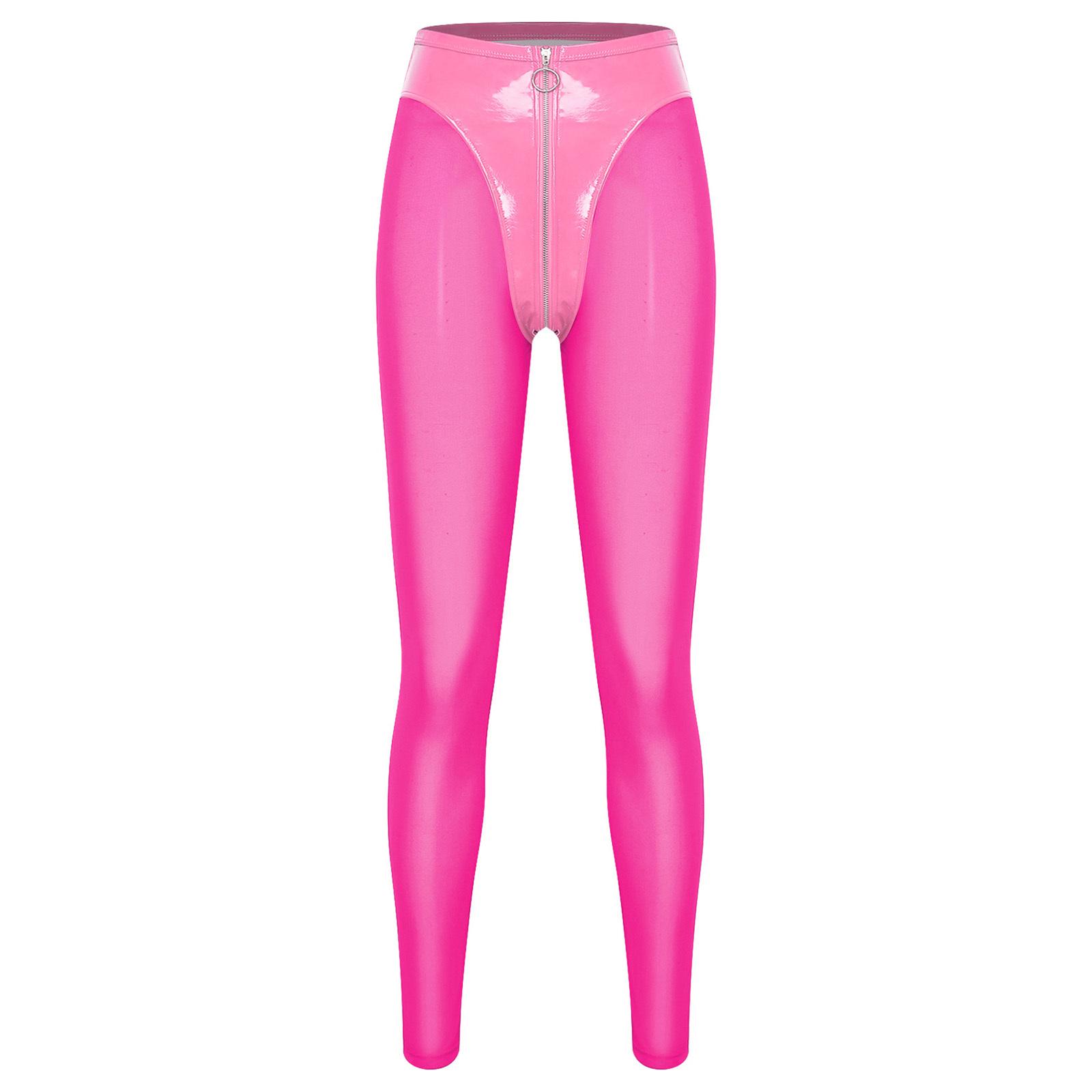 

S-3XL Ladies Sheer Mesh and PU Leather High Waist Leggings Zipper Crotch Tights for Stylish Rave Nightclub Party S рожевий