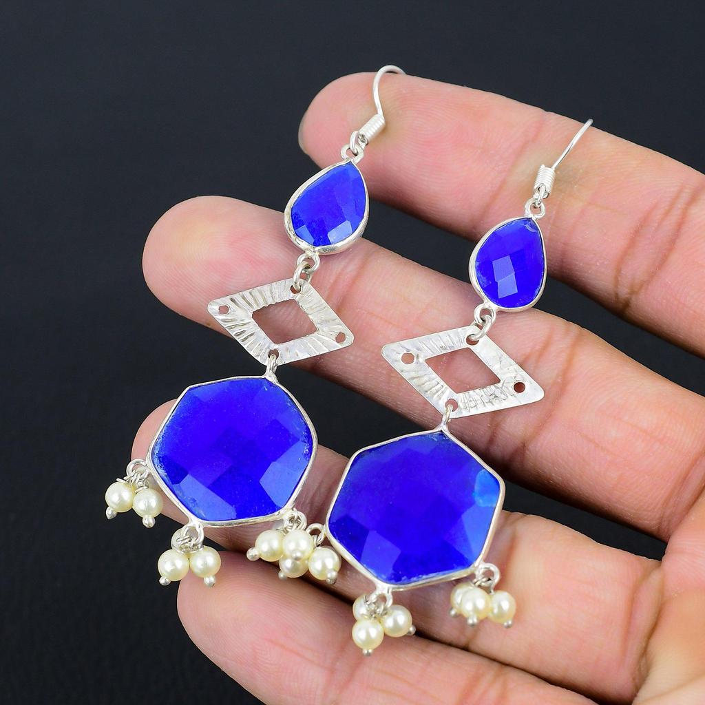 Natural Blue Sapphire Sister Birthday Drop Wedding Art Deco Earrings 925 Silver