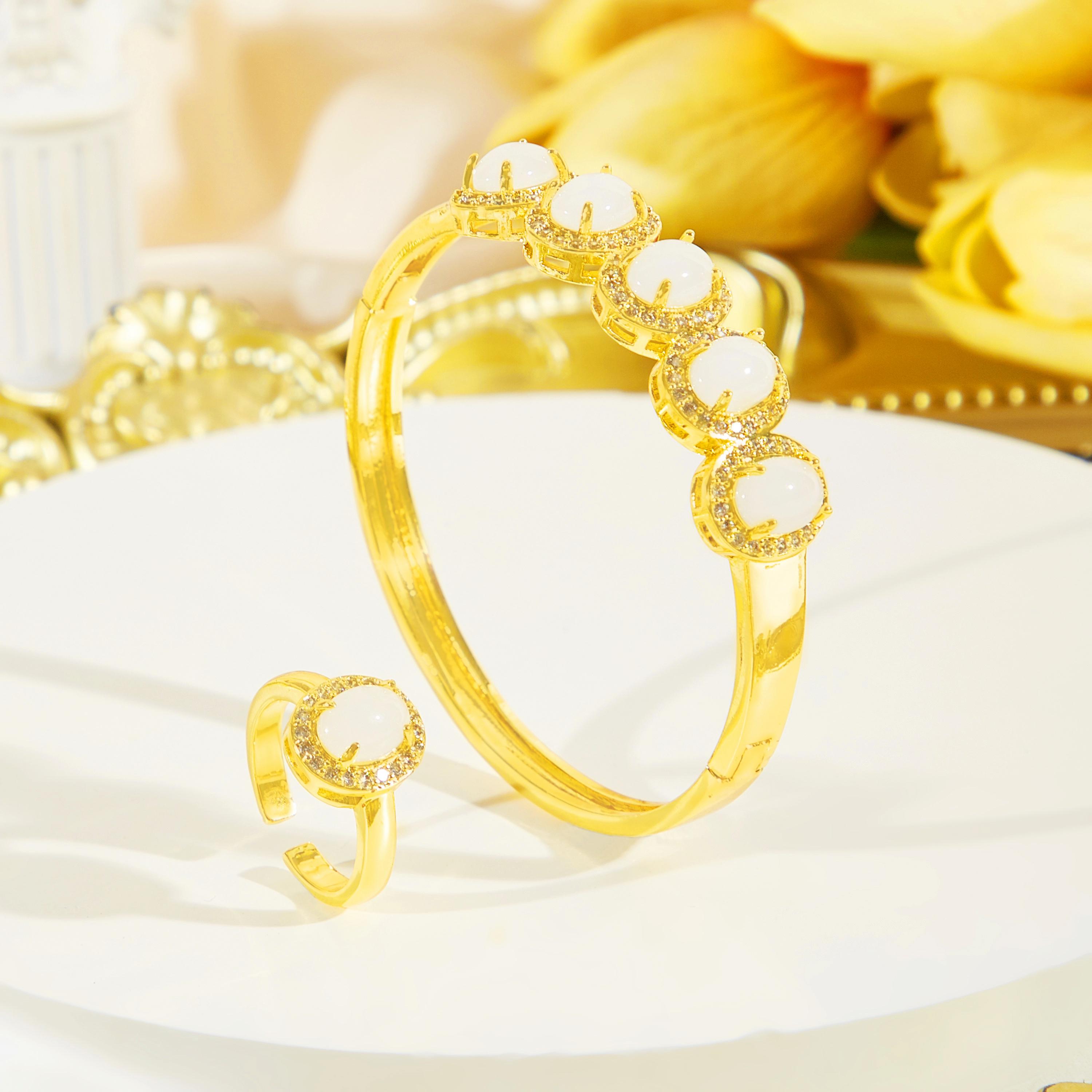 

CMM Элегантный золотой браслет-бенгл и кольцо Набор Роскошный зеленый набор браслета и кольца Вечерние украшения для женщин белый