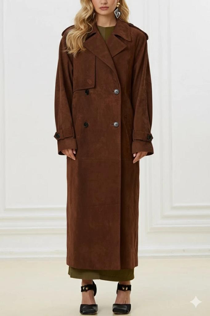 Brown Suede Leather Stylish Handmade Party Lambskin Women's Coat Trench Genuine
