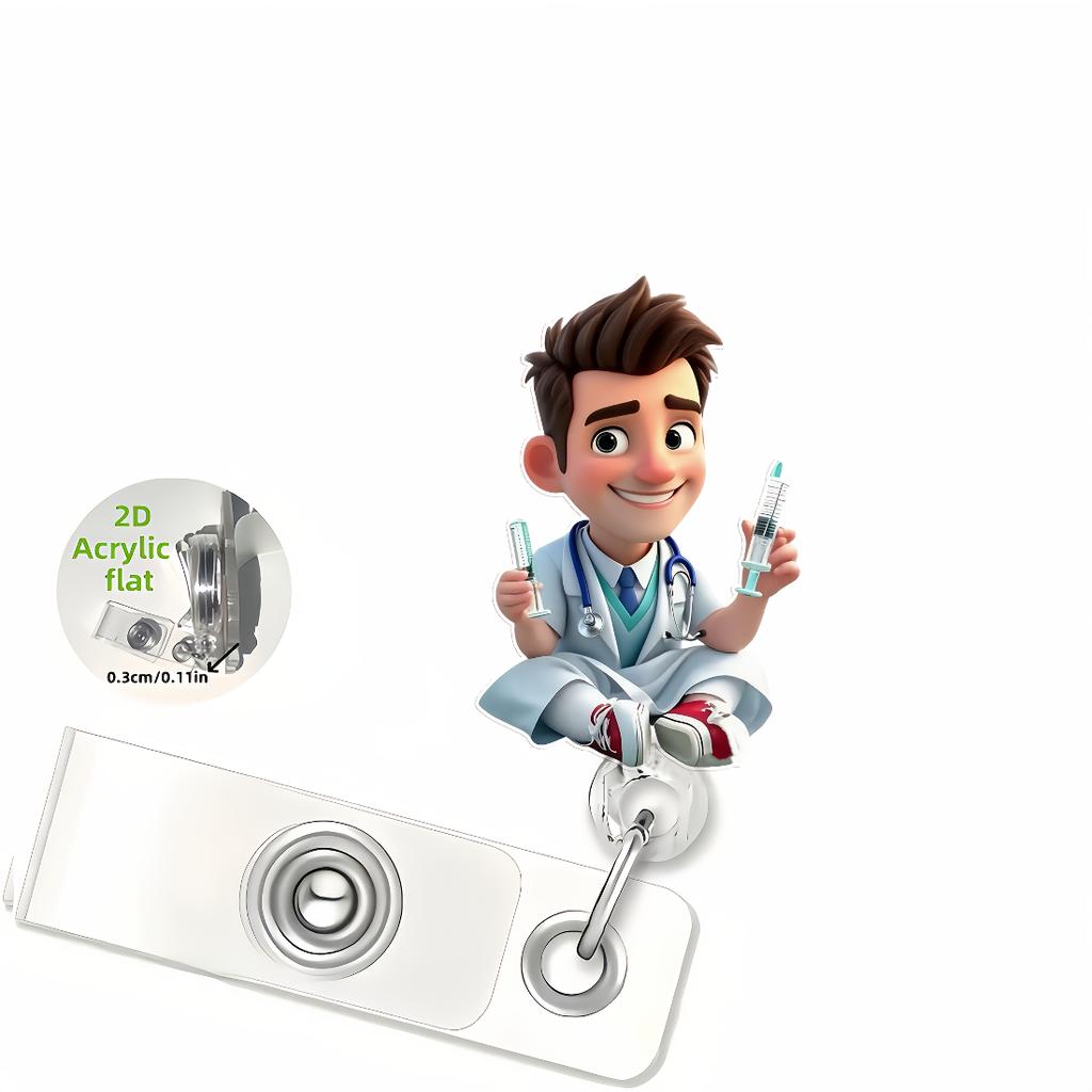 2D Flat Acrylic Syringe Holding Male Nurse Retractable Badge Clip, Medical ID Holder For Medical Students Nurses Workplace Identification