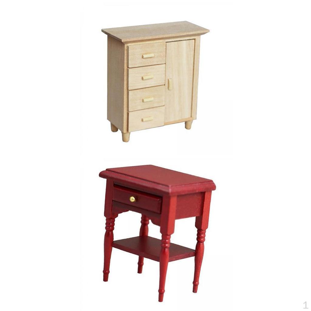 2 Pack Simulation Wooden Bedside Table W/ Cabinet Scene Ornaments