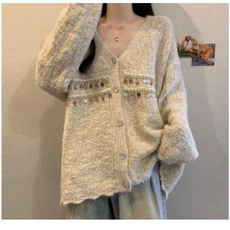 Women Sequin Decorated Solid Color Sweater Lazy Style Loose Fitting V-neck Knitted Sweaters Autumn Fashion Versatile LadySingle Breasted Top Coat