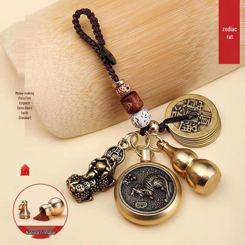 Reiner Messing Pixiu Kürbis Tierkreisanhänger mit Zinnobermünzen Schlüsselanhänger
