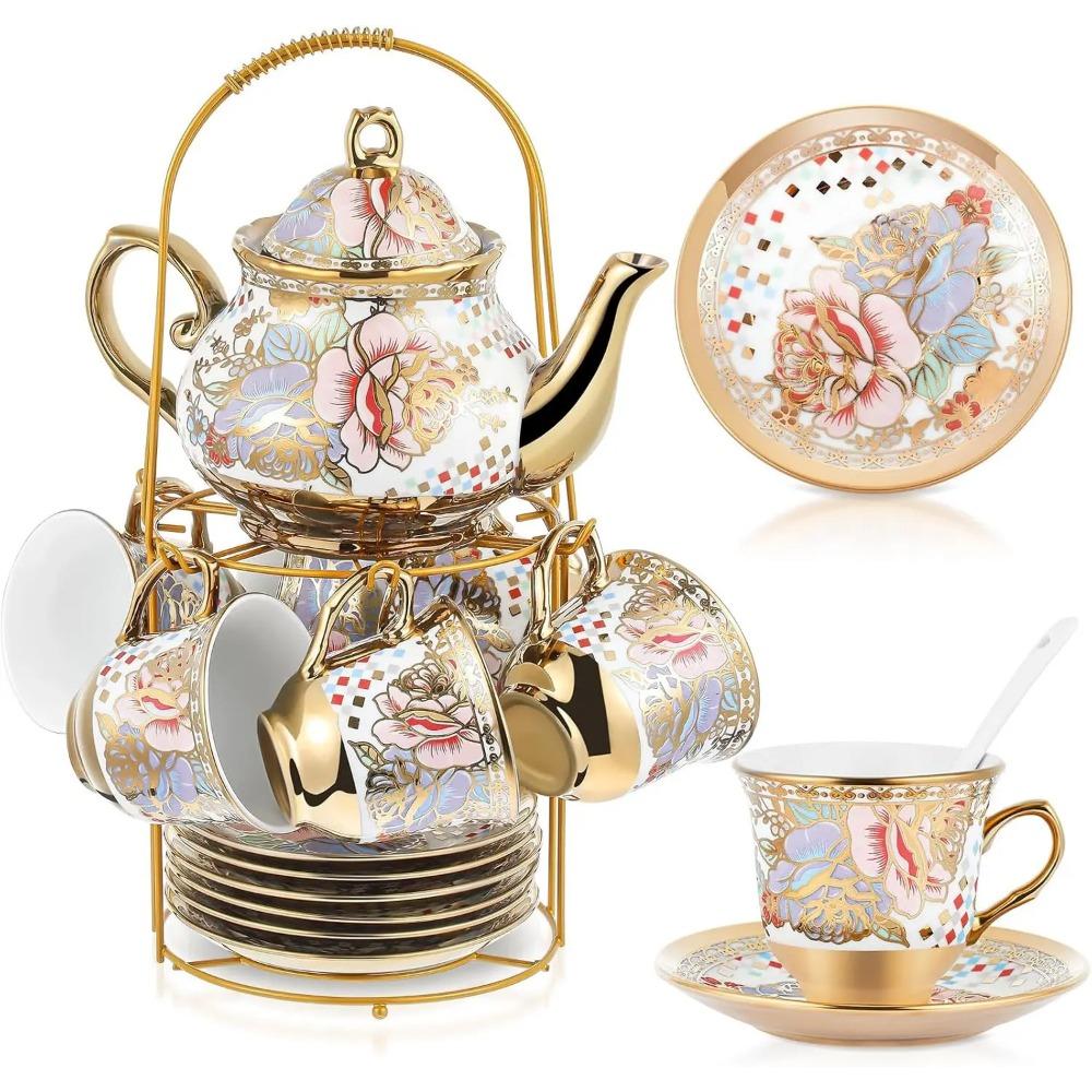 20 Pcs Porcelain Tea Set with Metal Holder and Spoon Adult Ceramic Tea Party Set European Flower Painting Teapot Cup Saucer