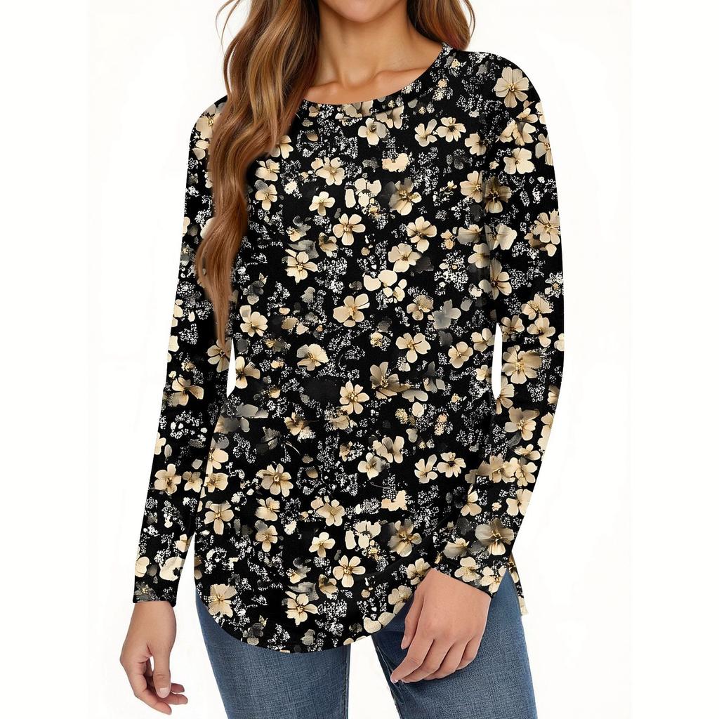 Women's Loose Round Neck Print Long Sleeve T-Shirt Top Pullover