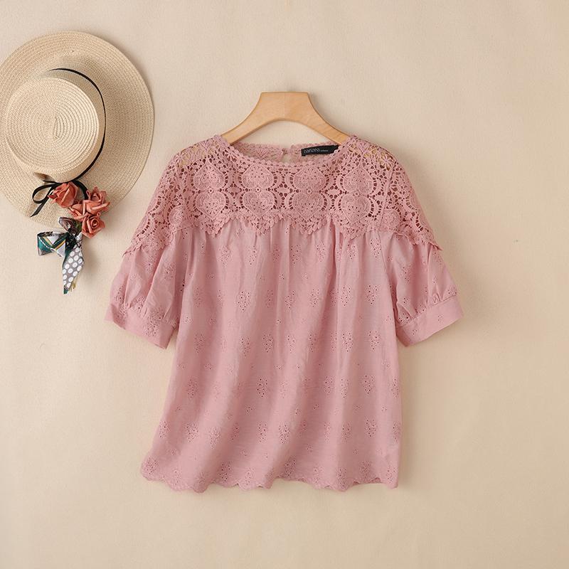 

ZANZEA Women Lace Crochet Splice Round Neck Casual Half Sleeve Blouse 2XL рожевий