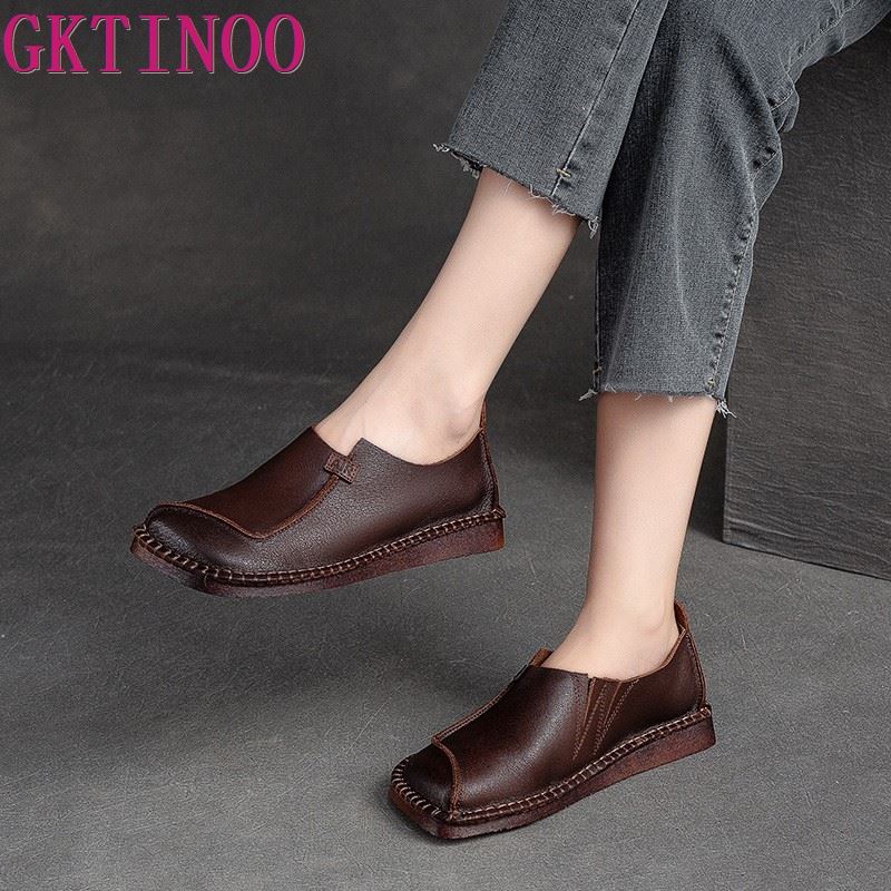 Fashion GKTINOO Women Loafers Spring Genuine Leather Comfort Flat Mother Shoes Slip-On Footwear Fashion Female Footwear Zapatos De Mujer