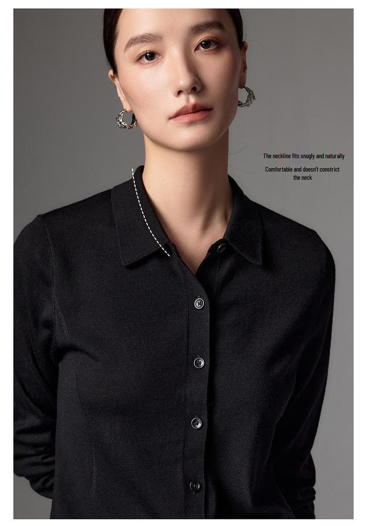 Women's High-End 48s Yangzi Fine Wool Cardigan, Solid Color, POLO Lapel Knit Jacket, Casual Spring/Autumn Style.