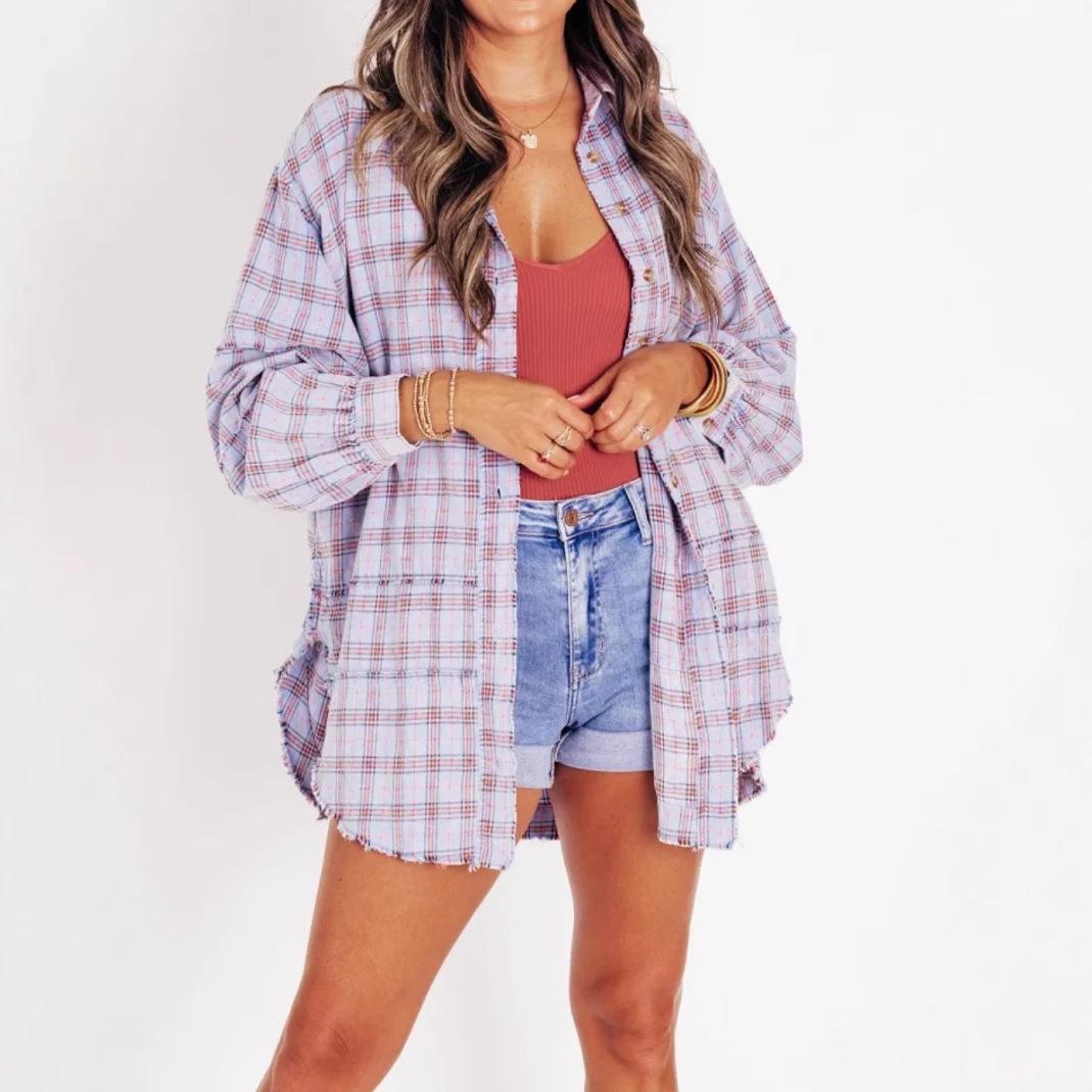 

Autumn Fashion Women s Tassel Cardigan Loose Plaid Shirt XL сірий
