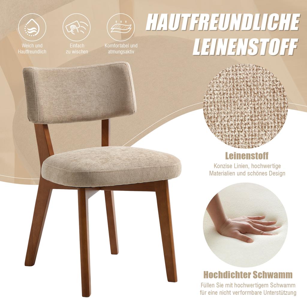 Modern Mid-Century Style Dining Chair Set of 2, Solid Wood Legs Fabric Padded Seat for Kitchen, Dining Room or Office (Khaki-colored Linen Fabric)
