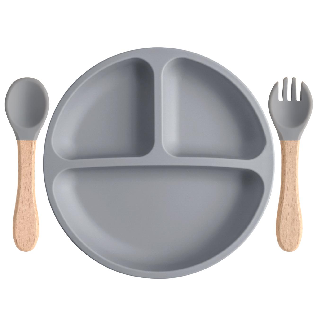 

Color Kids 3PCS Silicone Baby Tableware Set Feeding Utensils With Wooden Spoon Fork BPA Free Training Dishes Plate Dinnerware