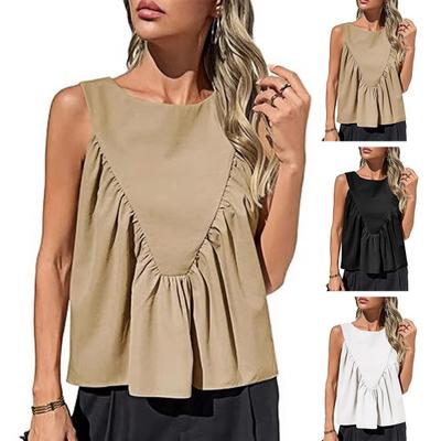 Damska kamizelka do dojazdów, casualowy styl, koszula, topy, jednolity kolor, luźny krój, okrągły dekolt, bez rękawów, plisowane topy typu tank