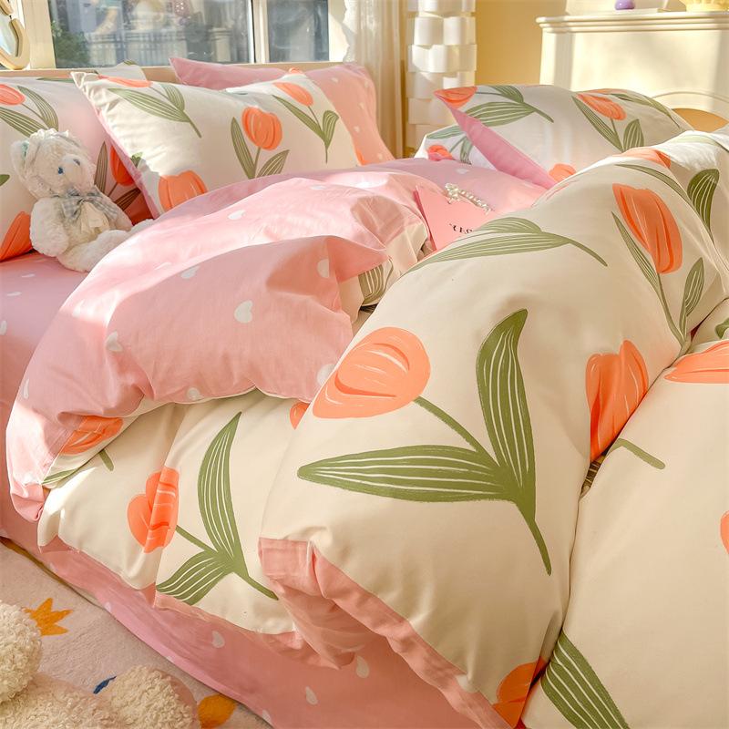 Bedding Four-piece Set, Cotton Pure Cotton Floral Quilt Cover, Bed Sheet Dormitory Three-piece Set