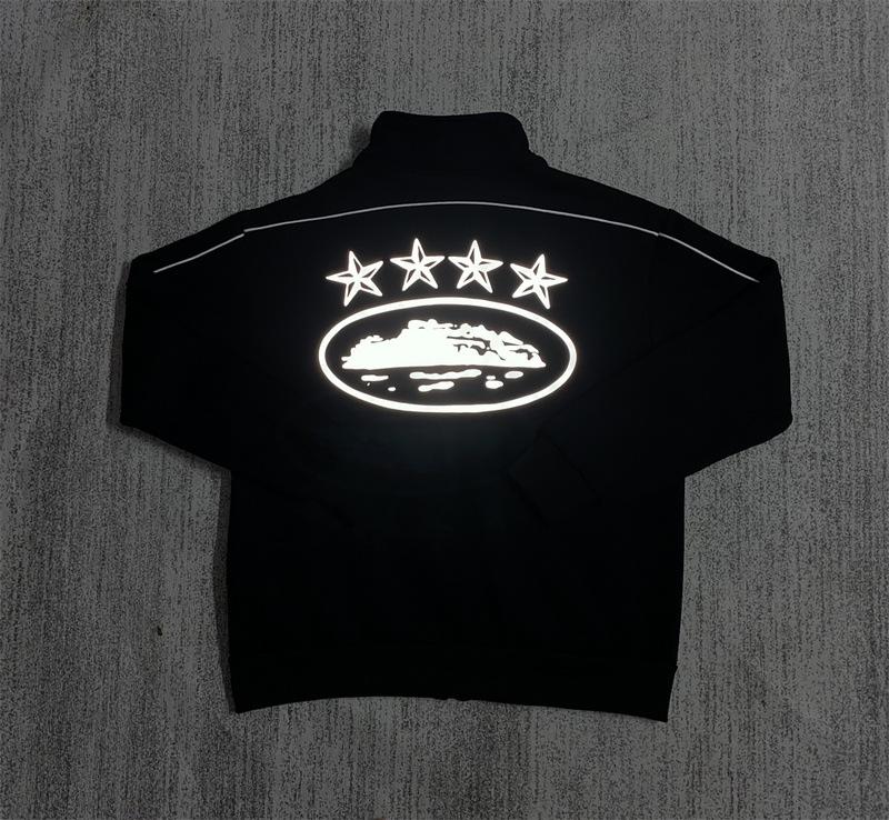 American Retro Reflective Corteiz Alcatraz Jacket with Stand Collar and Zippered Casual High Street Pants