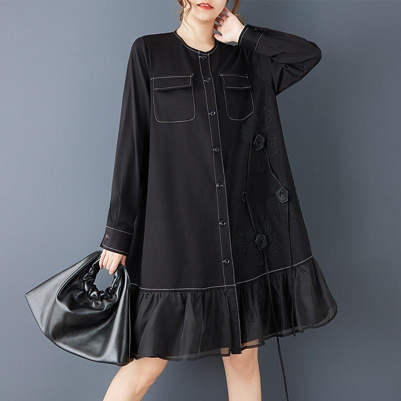 Long Sleeve Plus Size Vintage Black Floral New In Dresses for Women Casual Loose Midi Spring Autumn Dress