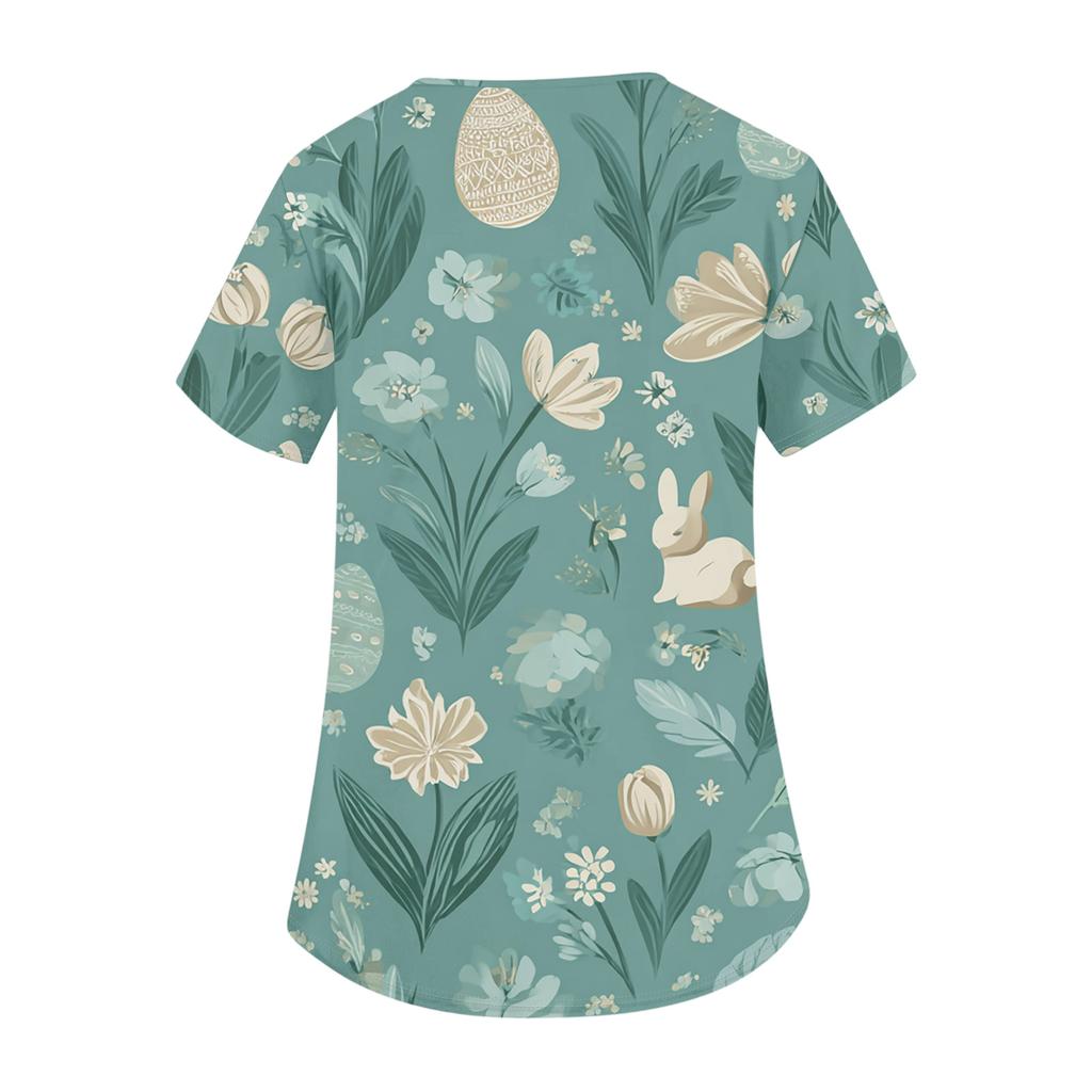 Modisches Damen-Arbeitstop mit V-Ausschnitt und kurzen Ärmeln, mit doppelten Seitenschlitzen und Taschen, featuring Osterhasen- und Eierdrucken.