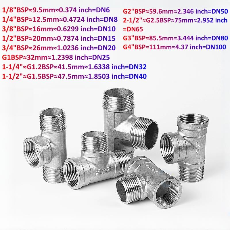 DN6/DN8/DN15/DN25 male+male+Female Threaded 3 Way Tee T Pipe Fitting 1/4" 1/2" 3/4" 1" 1-1/4" BSP Threaded 304 Stainless Steel