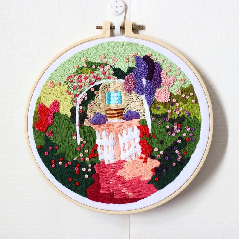 DIY Cross-Stitch Kit: Spring Courtyard Landscape Embroidery with Needles & Thread