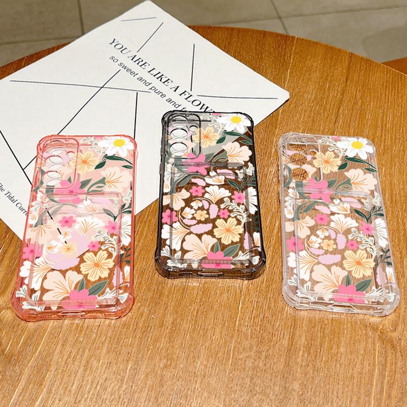 Flower Card Bag Wallet Clear Case For Samsung Galaxy S25 Edge S24 S22 Ultra S23 FE A56 A55 A54 A35 A15 A16 5G Soft  Phone Cover