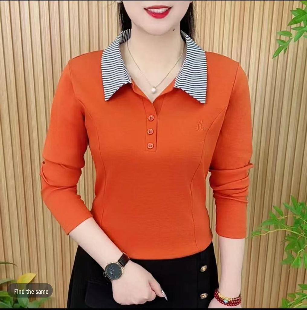 Damen High-End Langarm-Polo: 2025 Frühling/Herbst, Umlegekragen, Einfarbig, Vielseitiges Oberteil für Muttermode