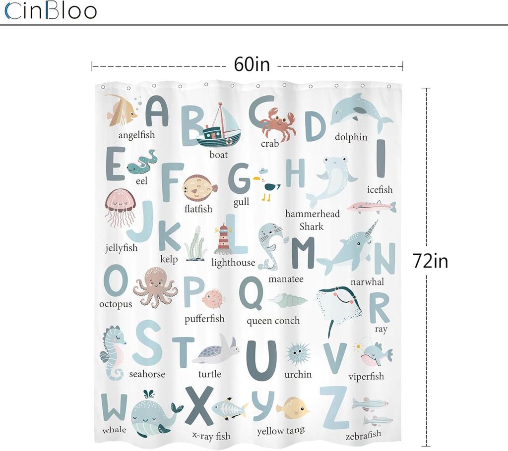 Kids Shower Curtain Cute Cartoon Alphabet ABC Sea Animal Blue Educational Ocean Bathroom Curtain Set Baby Boys Girls BathCurta