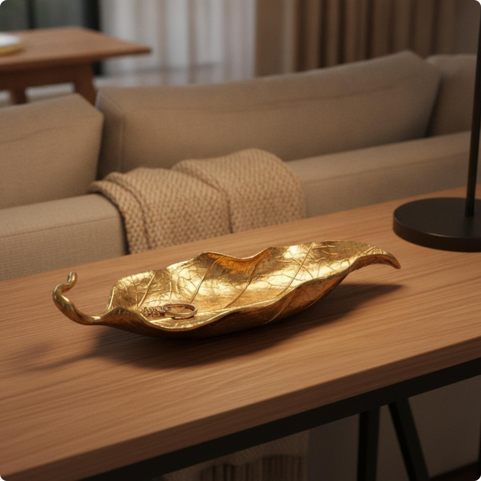 Brass Leaf Tray Golden Leaf-Shaped Solid