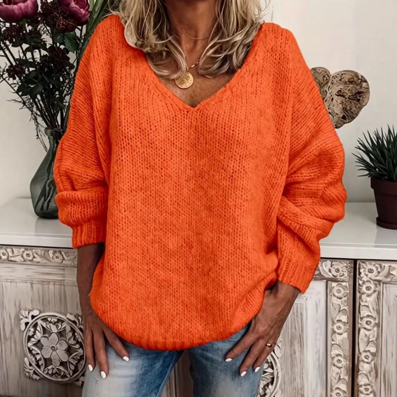 Womens V-Neck Knit Sweater Casual Street Style Long Sleeve Pullover Basic Layering Top