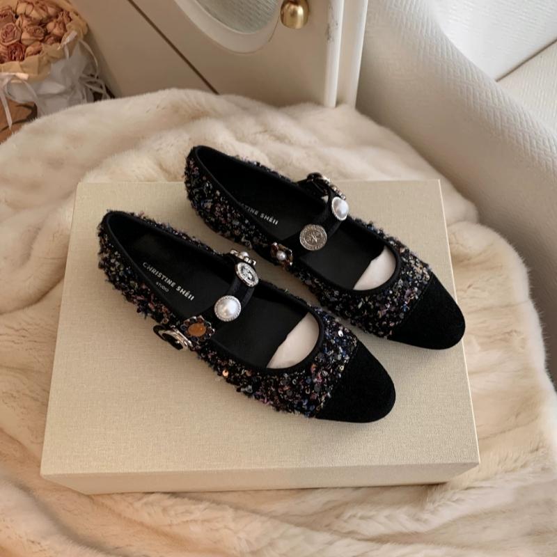 Fashion Women Ballet Flats Fall Low Heel Pumps Knitted Mary Jane Shoes New Design Rhinestone Buckle Flat Shoes Mary Jane Buckle Low-heel
