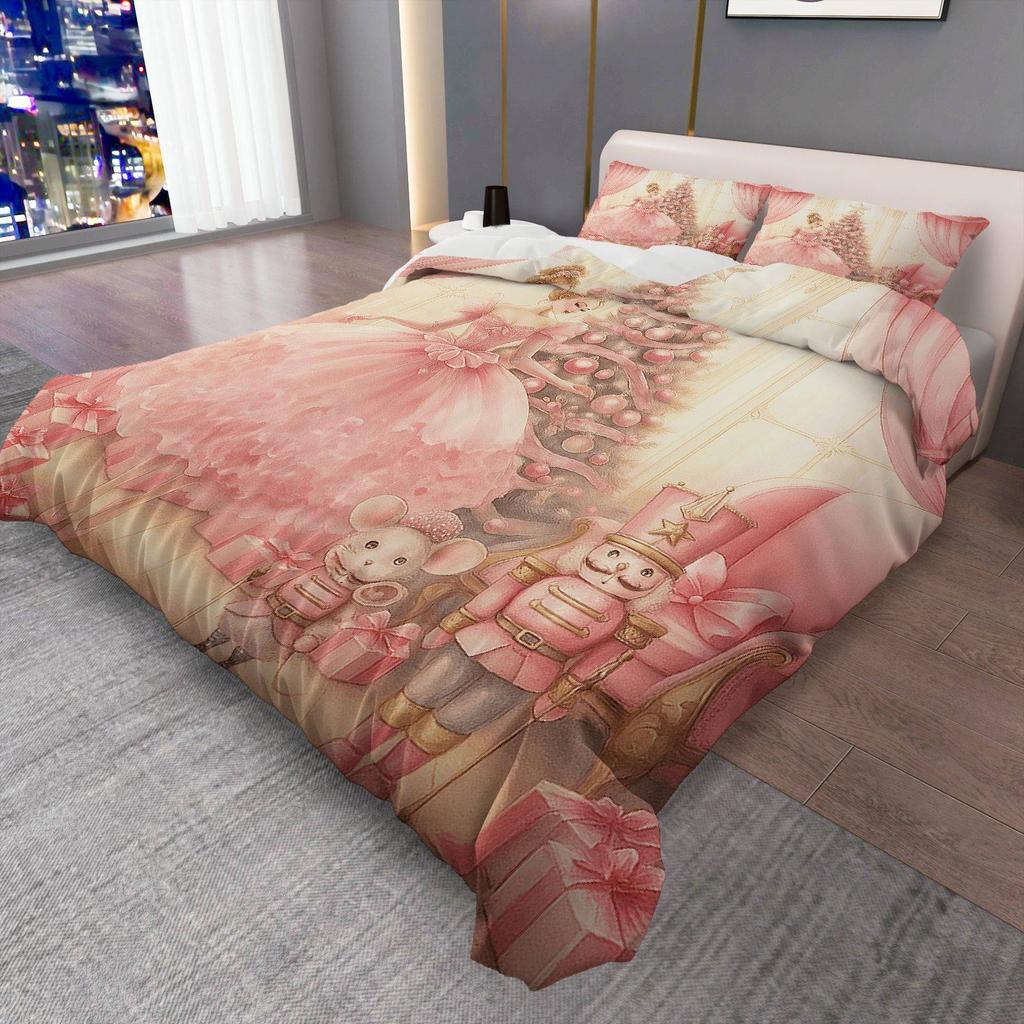 3pcs Christmas Duvet Cover Set - Ballerina Nutcracker & Christmas Tree Design, Soft Pink & White Polyester Bedding with Zipper