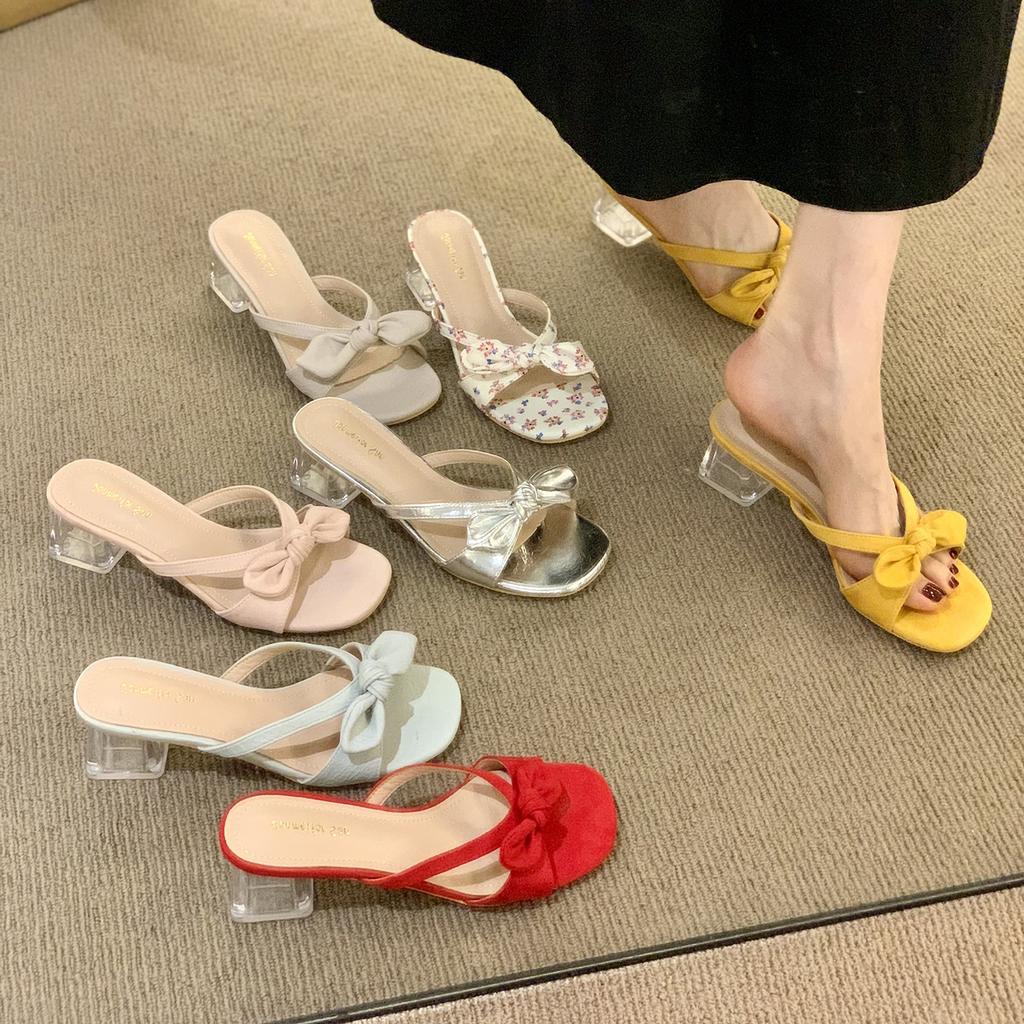 Korean version crystal thick heel bow retro yellow open-toed thin cool slippers fashion women's summer new one-word drag