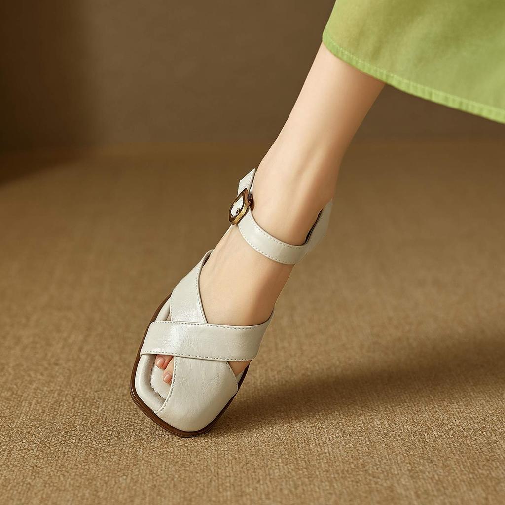 Krazing Pot Cow Skin Hollow Decoration Thick Heels Peep Toe Party Summer Size 41 Gladiator Superstar Women Sandals