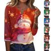 Women's Casual Christmas Print V-Neck T-Shirt with Decorative Buttons and 3/4 Sleeves