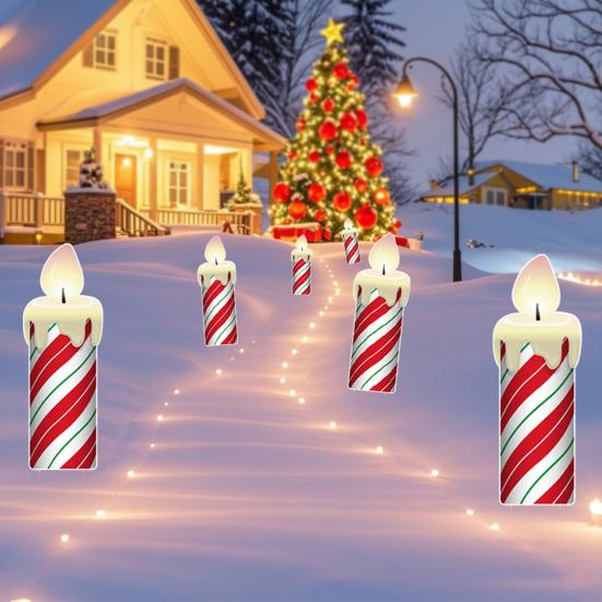 Christmas Yard Sign Outdoor Red White Striped Candle Sign with Stake for Garden Balcony Pathway Walkway Decor