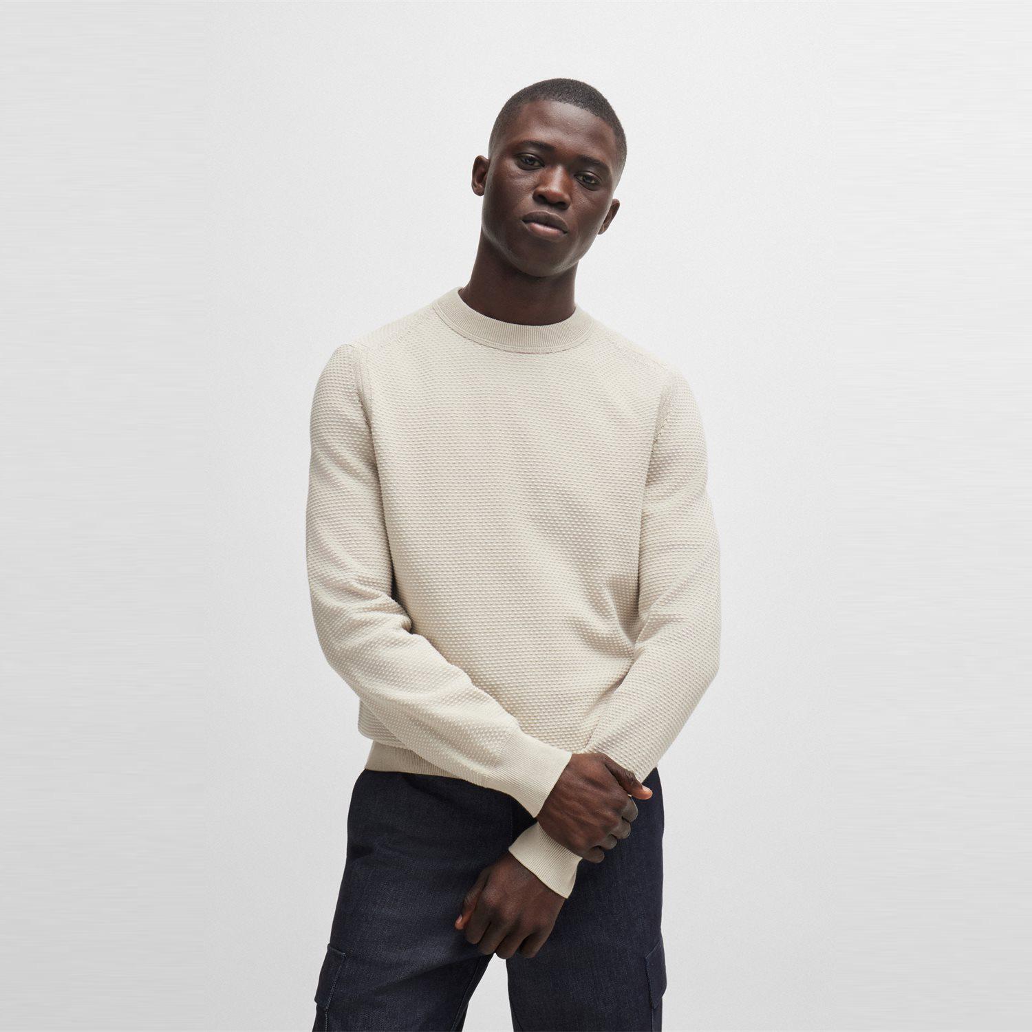 Boss Cotton Blend Round Neck Knit Regular Fit 50519081_271 Cream/Xl