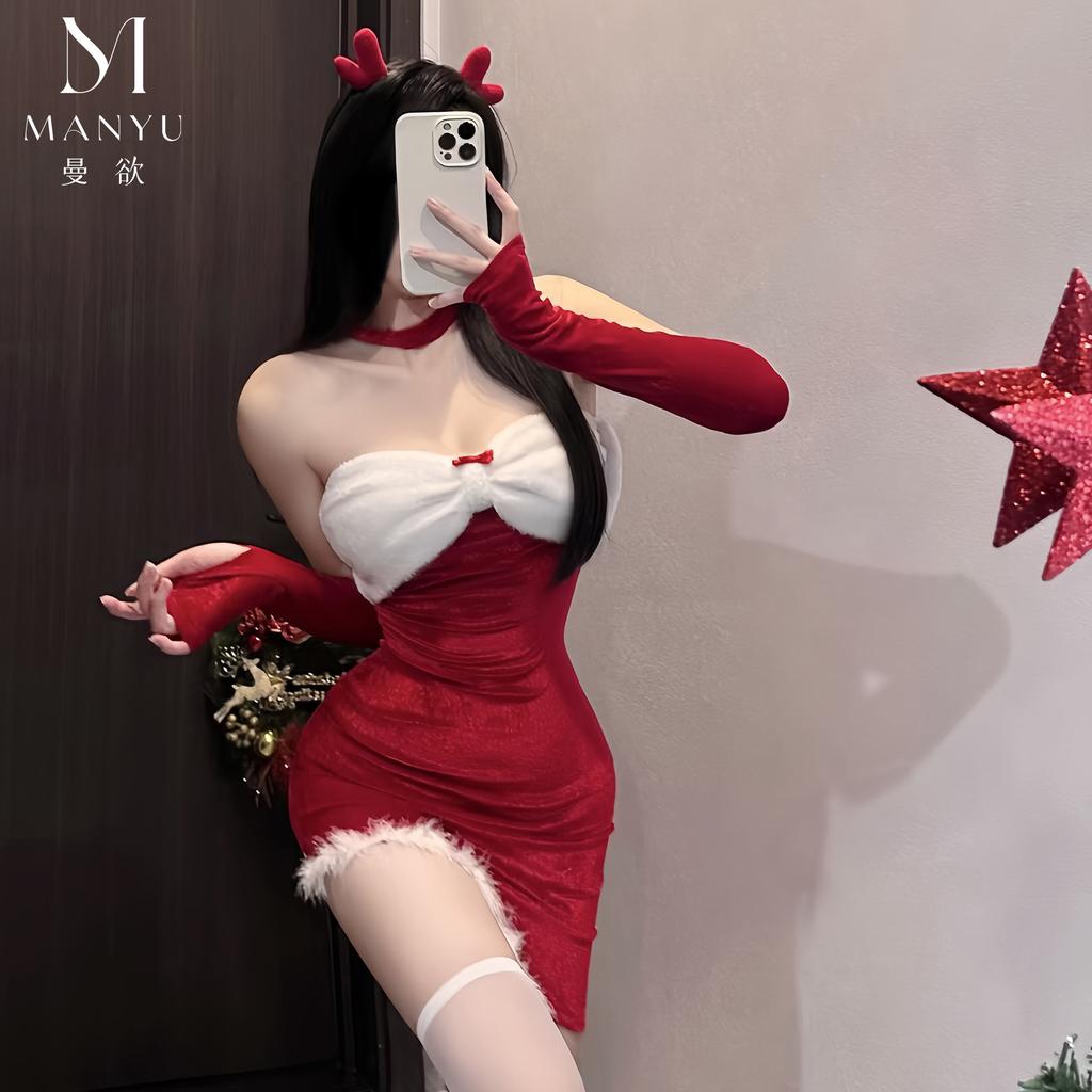 Man Wants Christmas Bunny Uniform Seduction Lingerie Tube Top Irregular Red New Year's Robe Female 9577