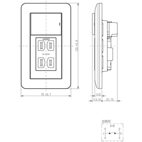 Jinbo Electric J-WIDE Series Switch and Outlet Combination, 1-Gang 3-Outlet, Upper Row Single-Pole (15A-300V), Lower Row Double Outlet (15A-125V),